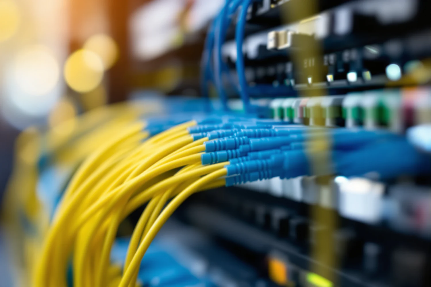 Cables de fibra óptica en un gabinete de red