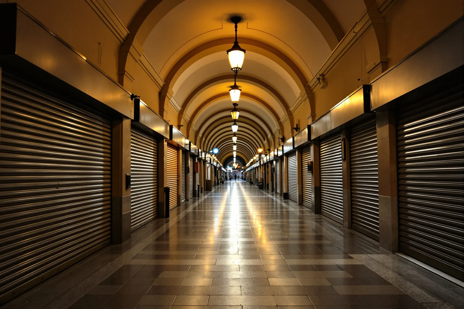 Galería comercial cubierta y vacía de noche
